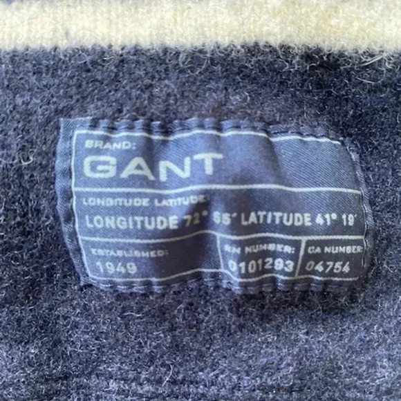 GANT Crew Neck Lambswool Navy Striped Sweater Padded Elbows Sz Large - Picture 4 of 16